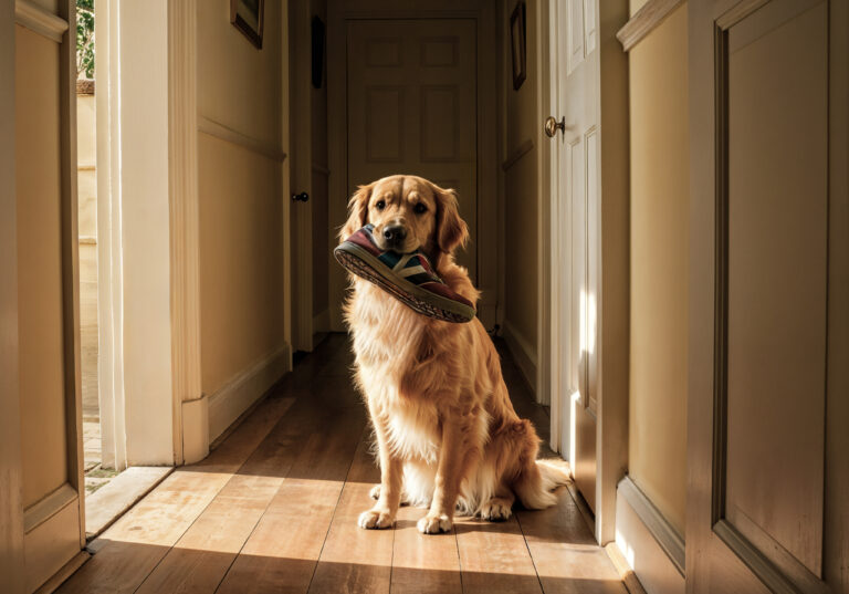 golden retriever with shoe